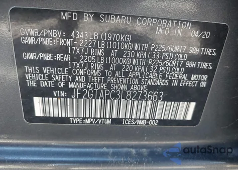 2020 Subaru Crosstrek Premium z USA, uszkodzony, nr VIN JF2GTAPC3L8273663